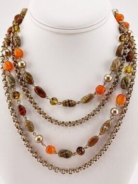 VINTAGE Orange brown graduated length four-strand chain bead necklace jewelry